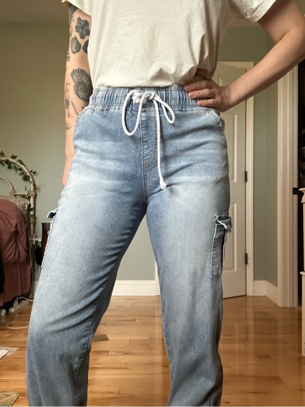 Light Blue Women's Jogger Jeggings with Drawstring Waist